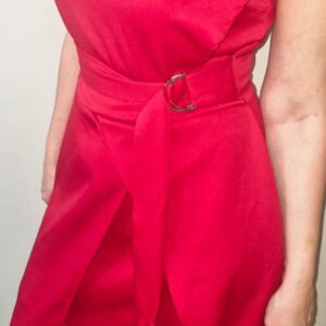 (Novo) Vestido Midi Vermelho com Gola Drapeada e Cinto